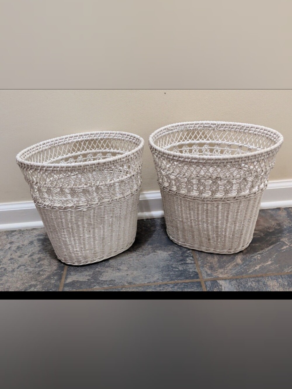 White Wicker Wastebasket Trashcan Woven Lattice Design MCM Set of 2